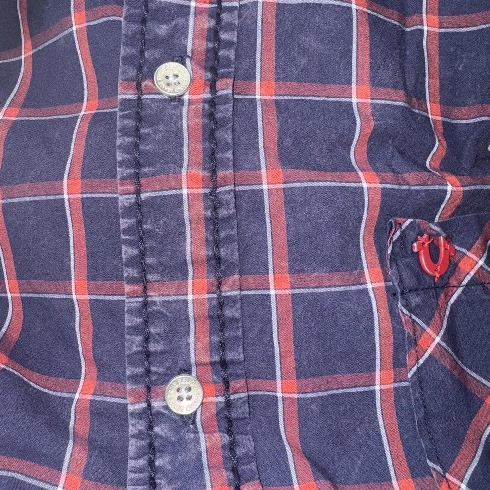 True Religion Men Button Up Shirt 3XL Blue Check Slim Fit Pocket Short Sleeve‎
